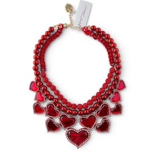 Betsey Johnson Valentines Red Hearts Rhinestone Crystal Gem Bib Necklace